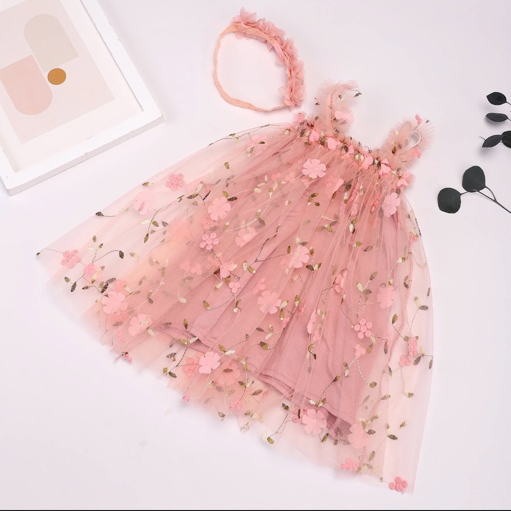 Summer Pink Floral Tulle Dress with Headband